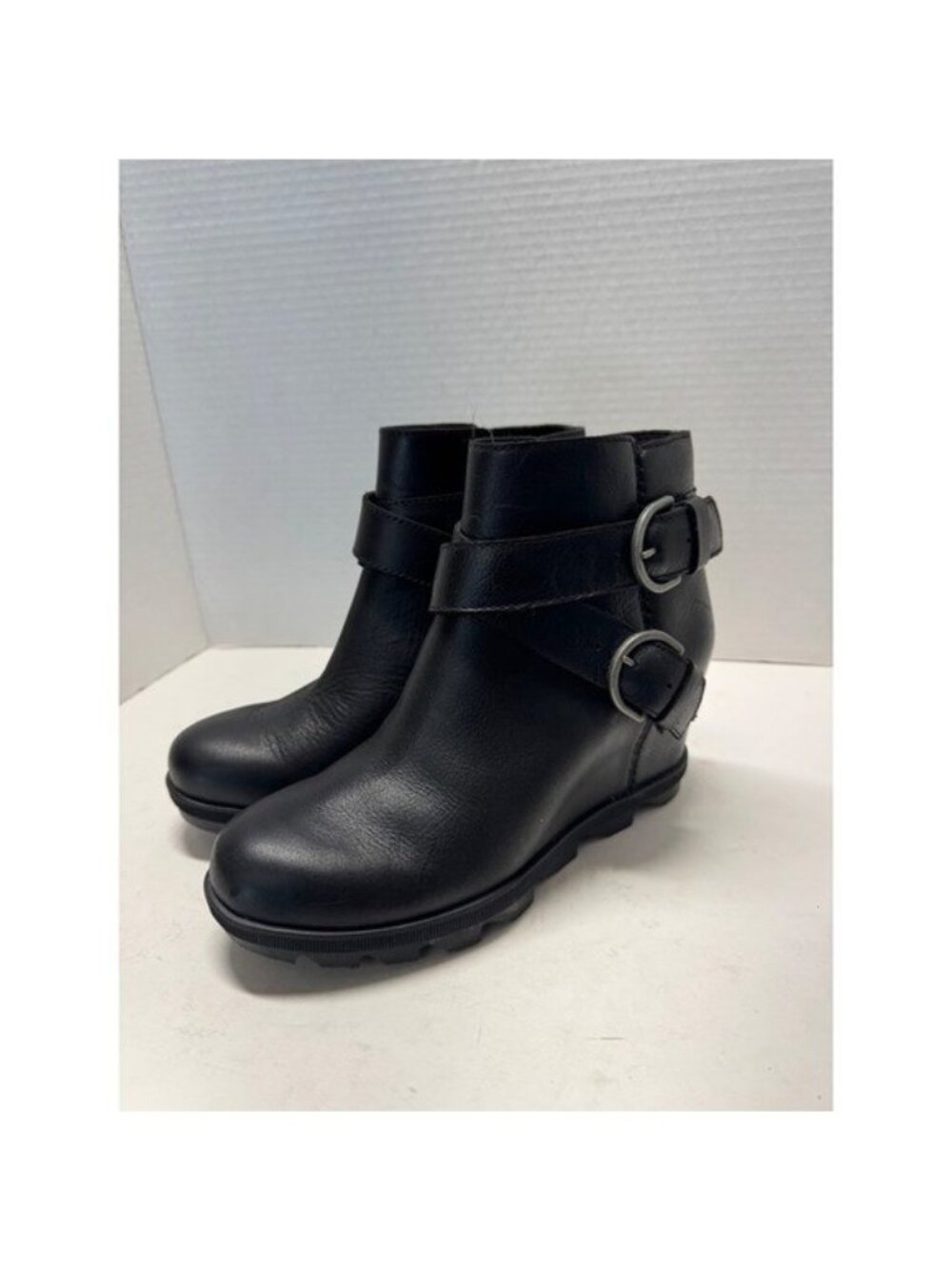 Sorel Joan of Arctic Wedge II Buckle Black Leather Ankle Boots NL3360-010 Size 7